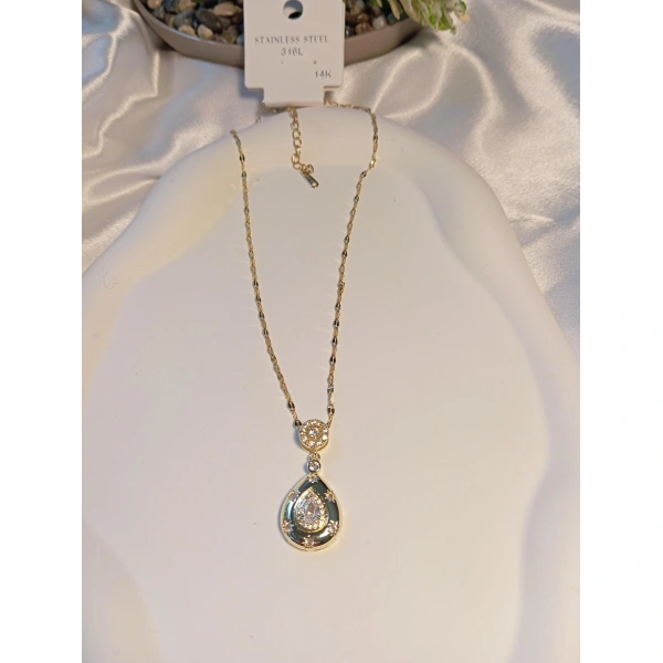 14 K Kaplama Çelik Damla Taş Detaylı Kolye