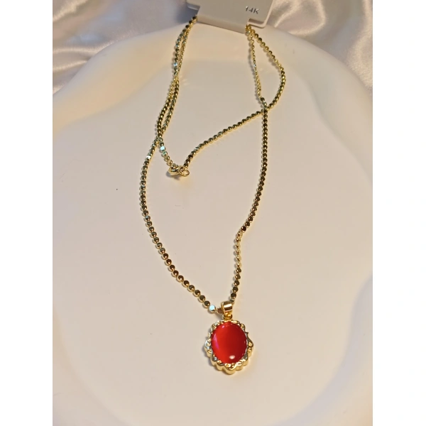 60 cm Kırmızı Taş Detaylı Pul Zincirli Çelik 14 K Kaplama Kolye
