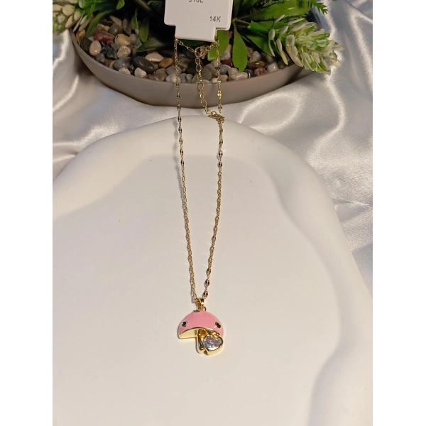 Pembe Mantar Detaylı Çelik Kolye