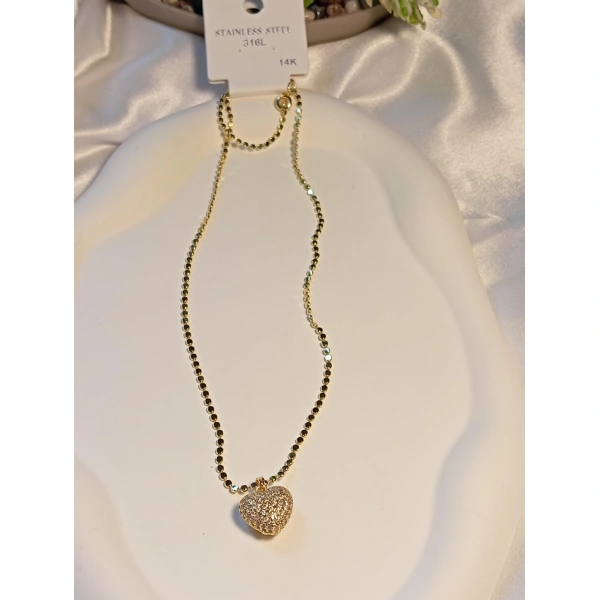 14 K Çelik Ezme Zincirli Kalp Detaylı Kolye