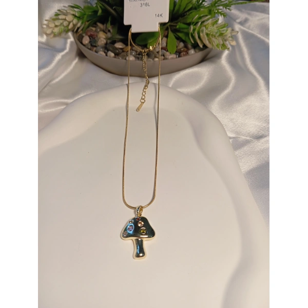 14 K Kaplama Mantar Figürlü Çelik Kolye