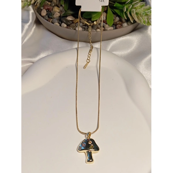 14 K Kaplama Mantar Figürlü Çelik Kolye