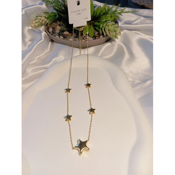 14 K Kaplama Çelik Yıldız Detaylı Kolye