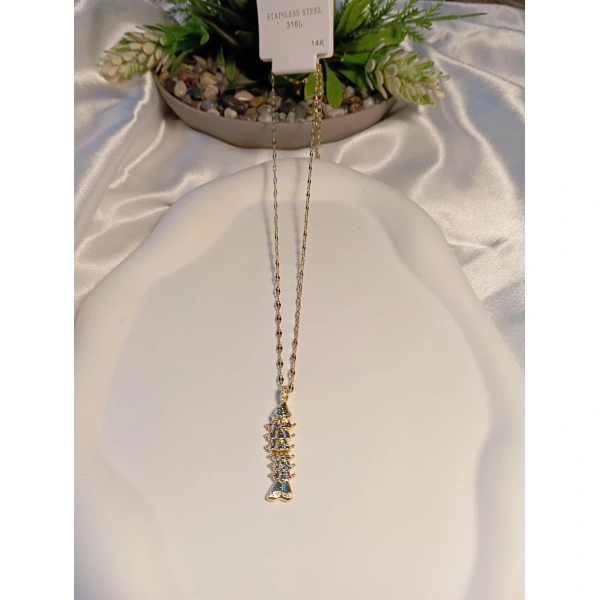 Balık Figürlü Çelik Burç Kolye - 14 K Kaplama