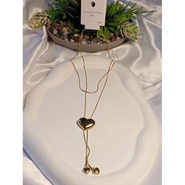 Kalp Detaylı 14 Kaplama Zincir Figürlü Asansör Çelik Kolye