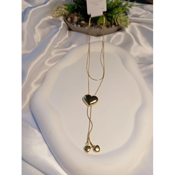 Kalp Detaylı 14 Kaplama Zincir Figürlü Asansör Çelik Kolye