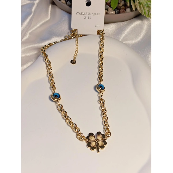 Nazar Boncuklu Yonca Detaylı 14 K Kaplama Çelik Kolye