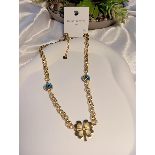 Nazar Boncuklu Yonca Detaylı 14 K Kaplama Çelik Kolye