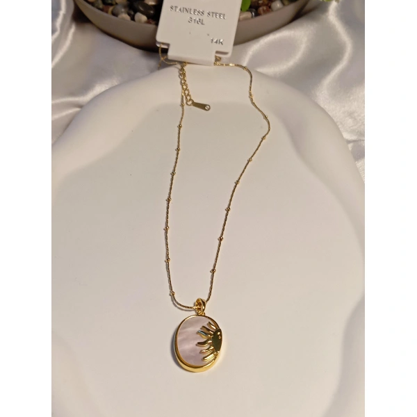 Oval Çelik Sedefli Güneş Kolye