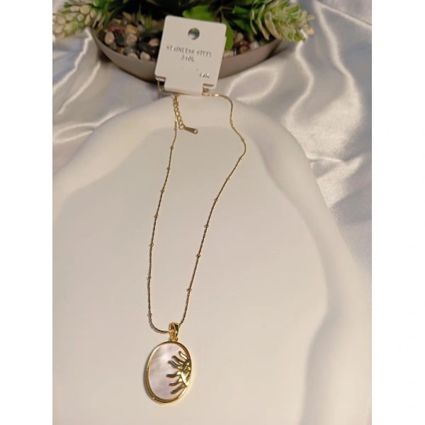 Oval Çelik Sedefli Güneş Kolye