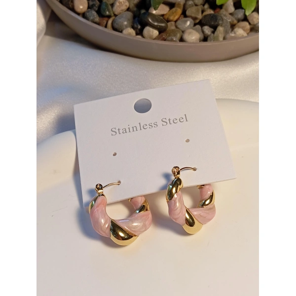 Pembe-Gold Burgu Detaylı Çelik Küpe