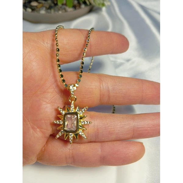 Pul Zincir Detaylı 14 K Kaplamalı Çelik Kolye