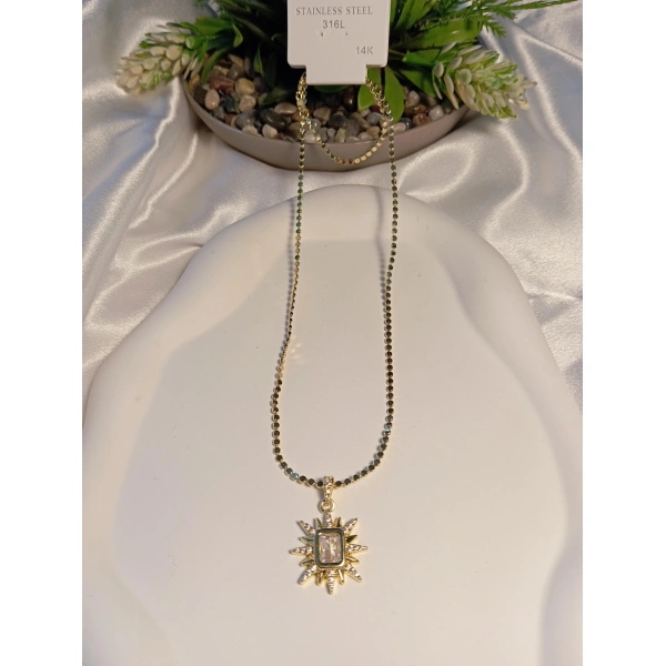 Pul Zincir Detaylı 14 K Kaplamalı Çelik Kolye