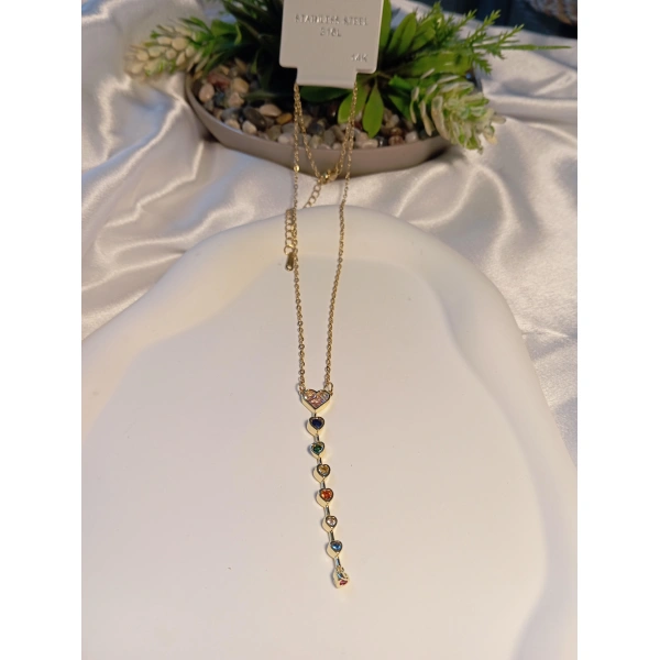 Renkli Zirkon Taş Detaylı Element Çelik Kolye