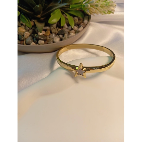 Sedefli Yıldız Detaylı Çelik Kelepçe Bileklik