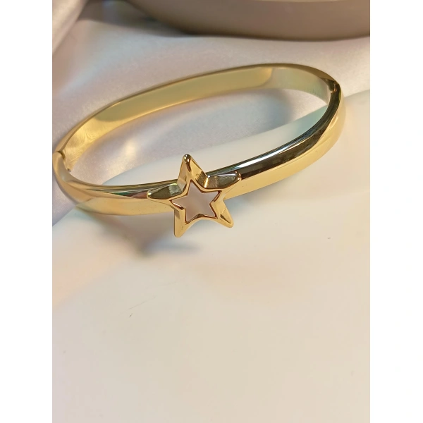 Sedefli Yıldız Detaylı Çelik Kelepçe Bileklik