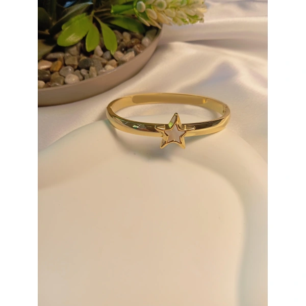 Sedefli Yıldız Detaylı Çelik Kelepçe Bileklik