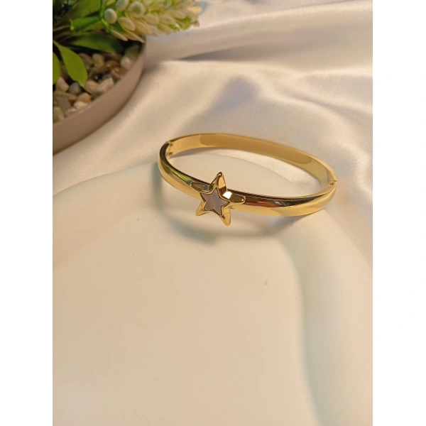 Sedefli Yıldız Detaylı Çelik Kelepçe Bileklik