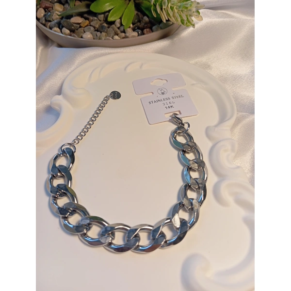 Silver Renk Çelik Kalın Zincir Detaylı Bileklik