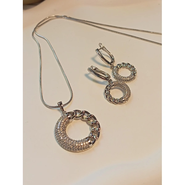 Xuping Jewelry Silver Zirkon Taşlı Halka Detaylı Kolye Küpe Seti
