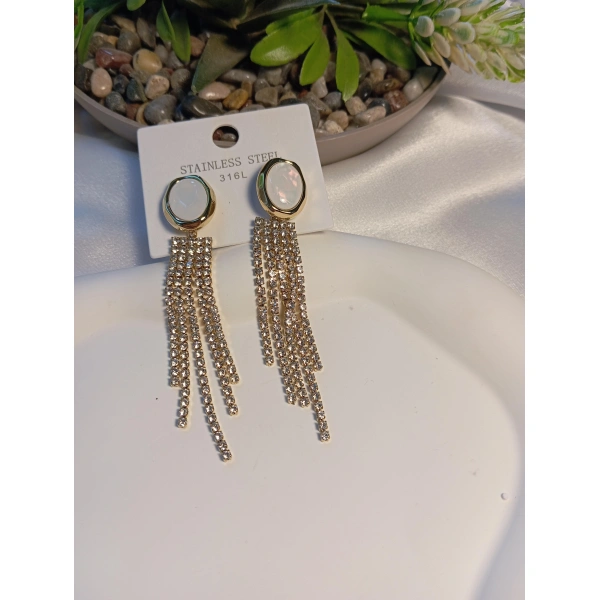 Zirkon Taşlı Opal Taş Detaylı Abiye Çelik Küpe