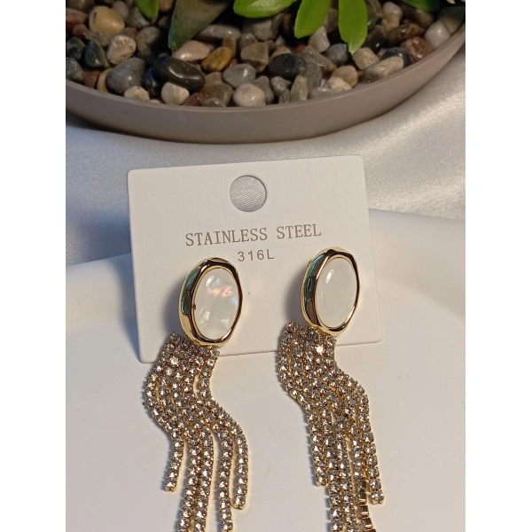 Zirkon Taşlı Opal Taş Detaylı Abiye Çelik Küpe