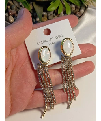 Zirkon Taşlı Opal Taş Detaylı Abiye Çelik Küpe