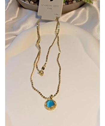 14 K Kaplama 60 cm Mavi Taş Detaylı Çelik Kolye