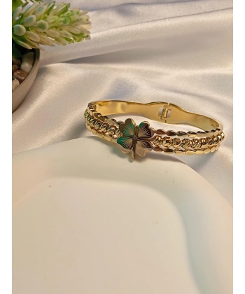 14K Yonca Detaylı Dorikalı Çelik Kelepçe Bileklik