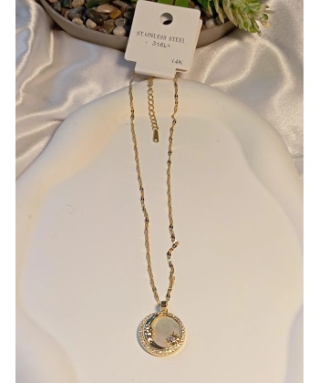 14 K Kaplama Çelik Sedefli Ay Yıldız Detaylı Kolye