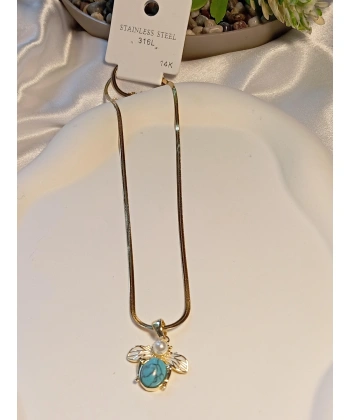 Arı Figürlü Firuze Taşlı Çelik Kolye