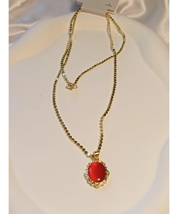 60 cm Kırmızı Taş Detaylı Pul Zincirli Çelik 14 K Kaplama Kolye