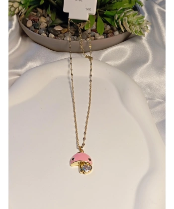 Pembe Mantar Detaylı Çelik Kolye