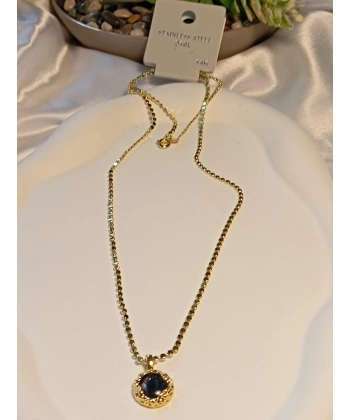 14 K Kaplama Ezme Zincir Detaylı Minimal Siyah Taşlı Çelik Kolye