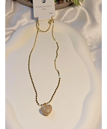 14 K Çelik Ezme Zincirli Kalp Detaylı Kolye