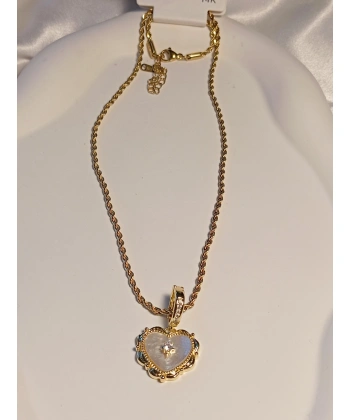 14 K Kaplama Burgu Zincirli İşlemeli Kalp Detaylı Çelik Kolye