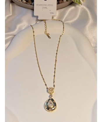 14 K Kaplama Çelik Damla Taş Detaylı Kolye