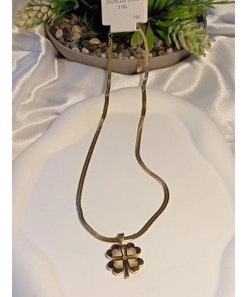 Ezme Zincir Detaylı 14 K Kaplama Yonca Çelik Kolye