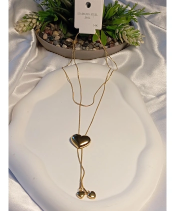 Kalp Detaylı 14 Kaplama Zincir Figürlü Asansör Çelik Kolye