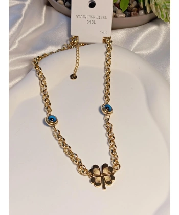 Nazar Boncuklu Yonca Detaylı 14 K Kaplama Çelik Kolye