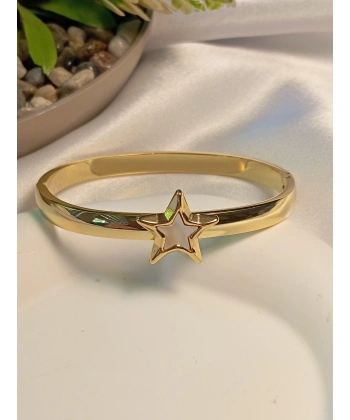 Sedefli Yıldız Detaylı Çelik Kelepçe Bileklik