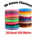 20 Renk 5 Metre 3D Kalem Pla Filament-100 Metre