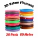 20 Renk 3 Metre 3D Kalem Pla Filament- 60 Metre