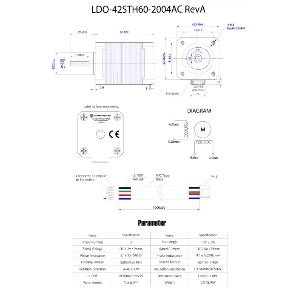 LDO-42STH60-2004AC 1.8 Derece Yüksek Hız Step Motor