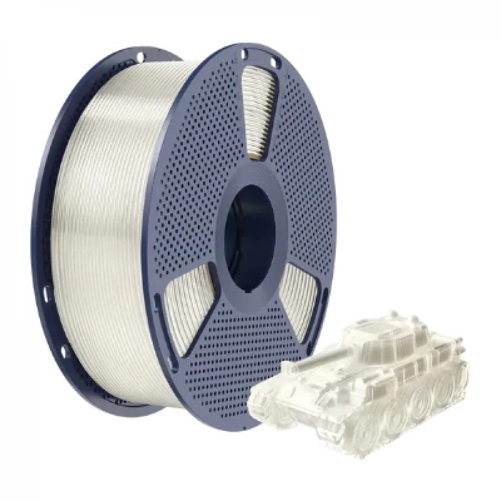 Sunlu PLA Transparent Filament 1 Kg makarası ve yanında şeffaf filamentle baskı örneği