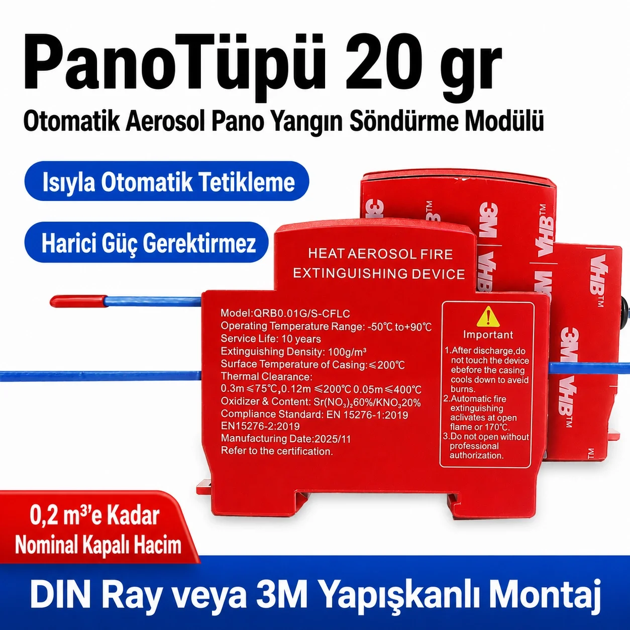 PanoTüpü 20 gr 3'lü otomatik aerosol pano yangın söndürme seti