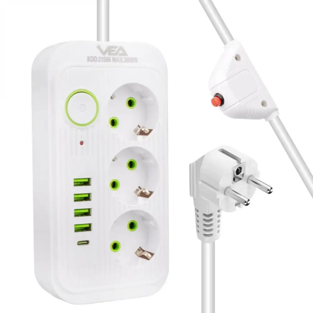 3lü 4 USBli 1.5 Metre Akım Korumalı Priz Beyaz