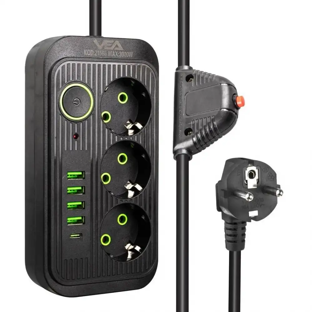 3lü 4 USBli 1.5 Metre Akım Korumalı Priz Siyah