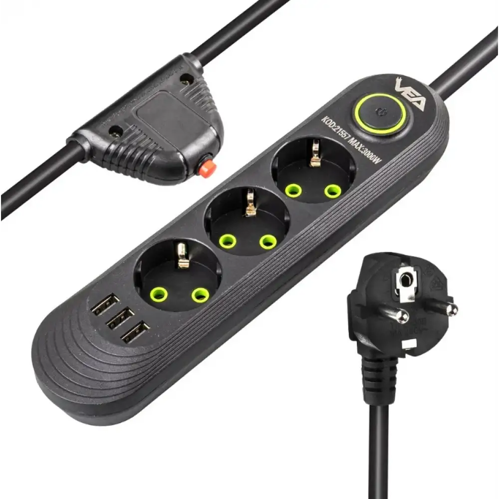 3 USBli 1.5 Metre Akım Korumalı Priz Siyah