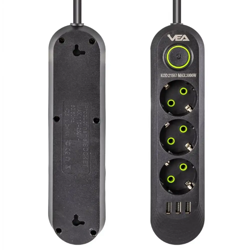 3 USBli 1.5 Metre Akım Korumalı Priz Siyah